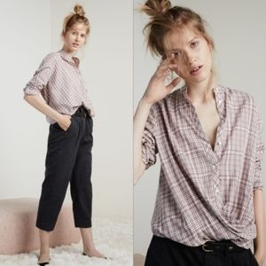 Madewell Draped Wrap Front Popover Plaid Top Blue